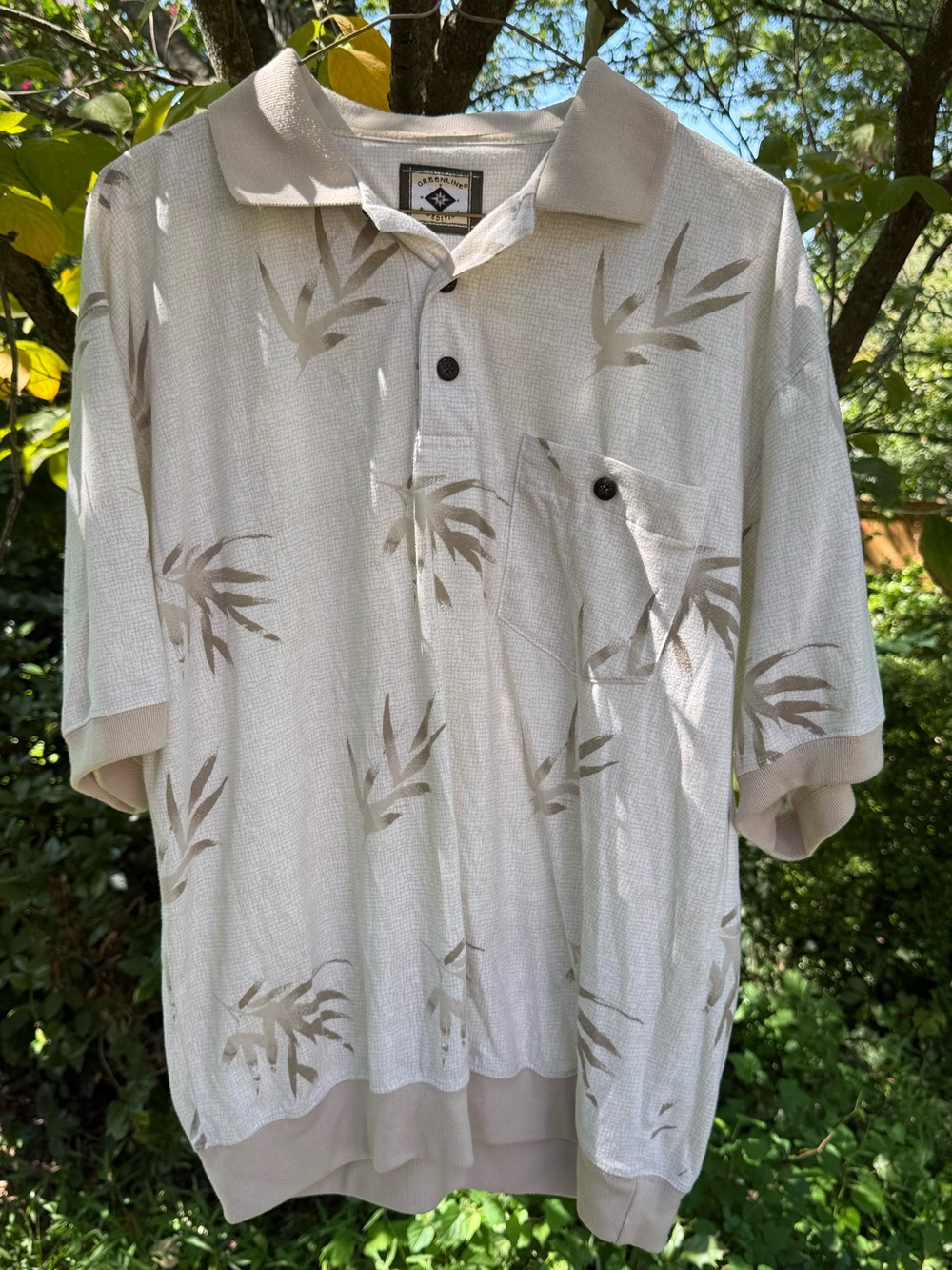 Vintage Greenline Expedition Short-Sleeve Polo Shirt with Leaf Print